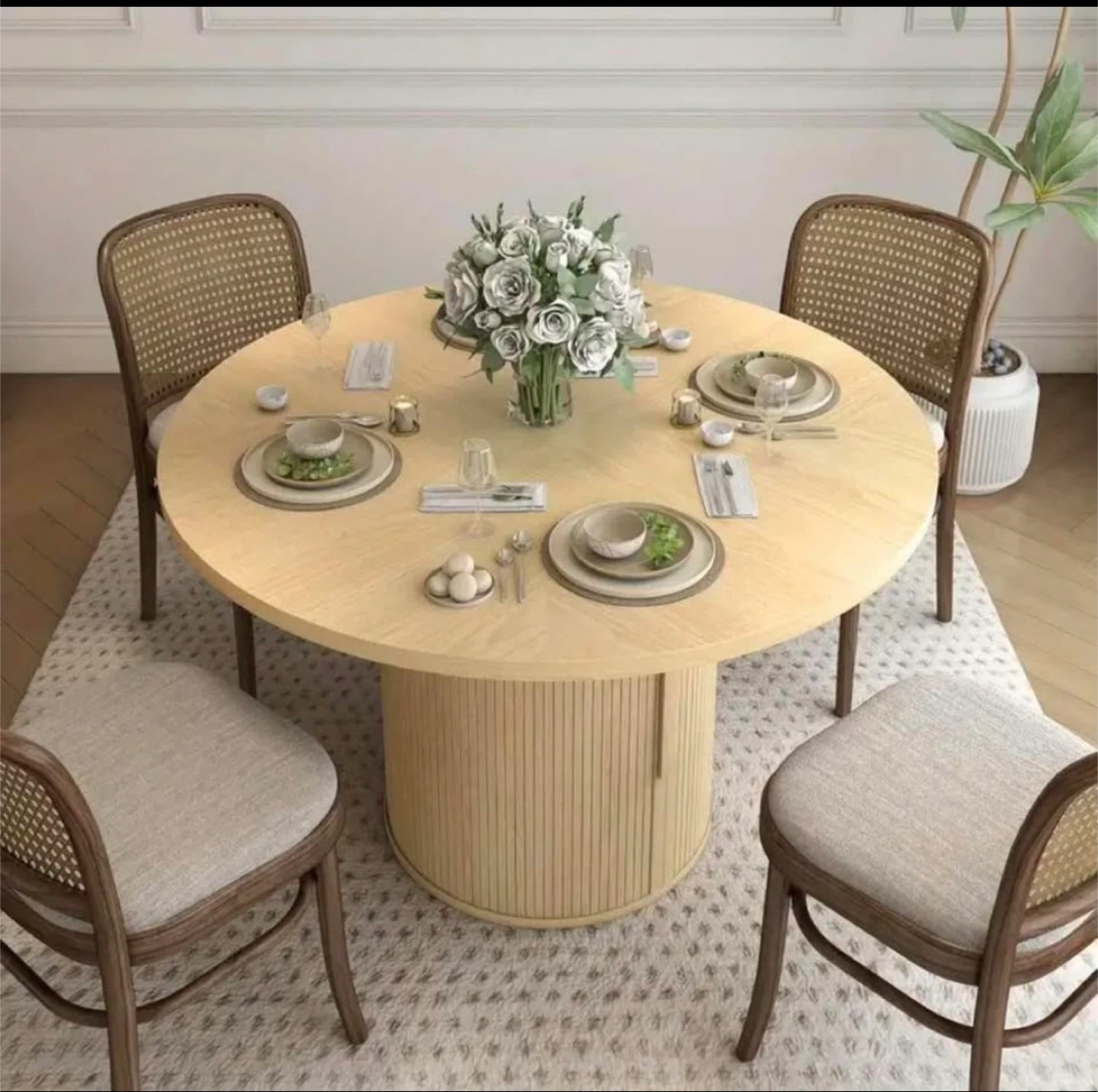 Round Dining Table with Hidden Storage - Light Oak