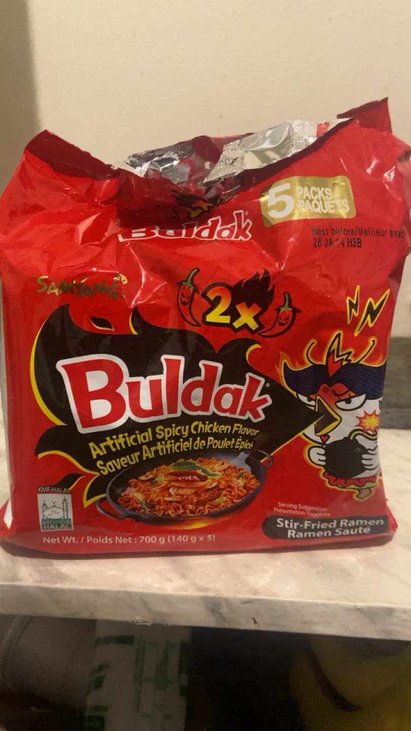 4 packs of 2xspicy buldak noodles and 10 sauce packs