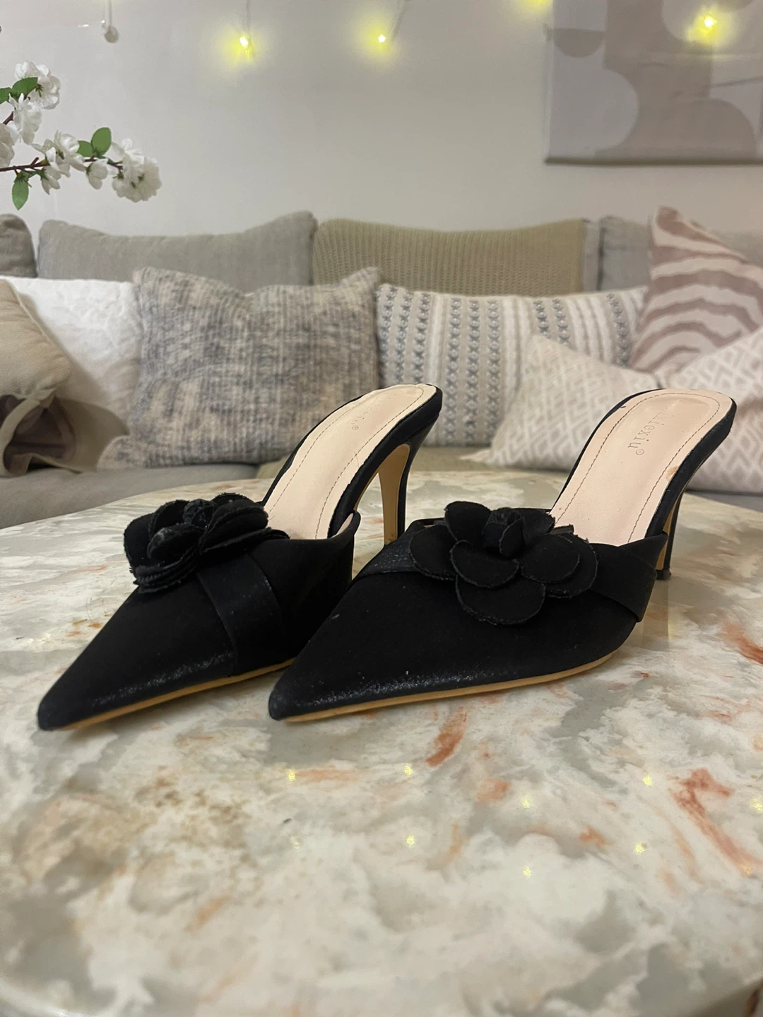 Black Pointed Toe Mule Heels with Flower Detail - photo 2