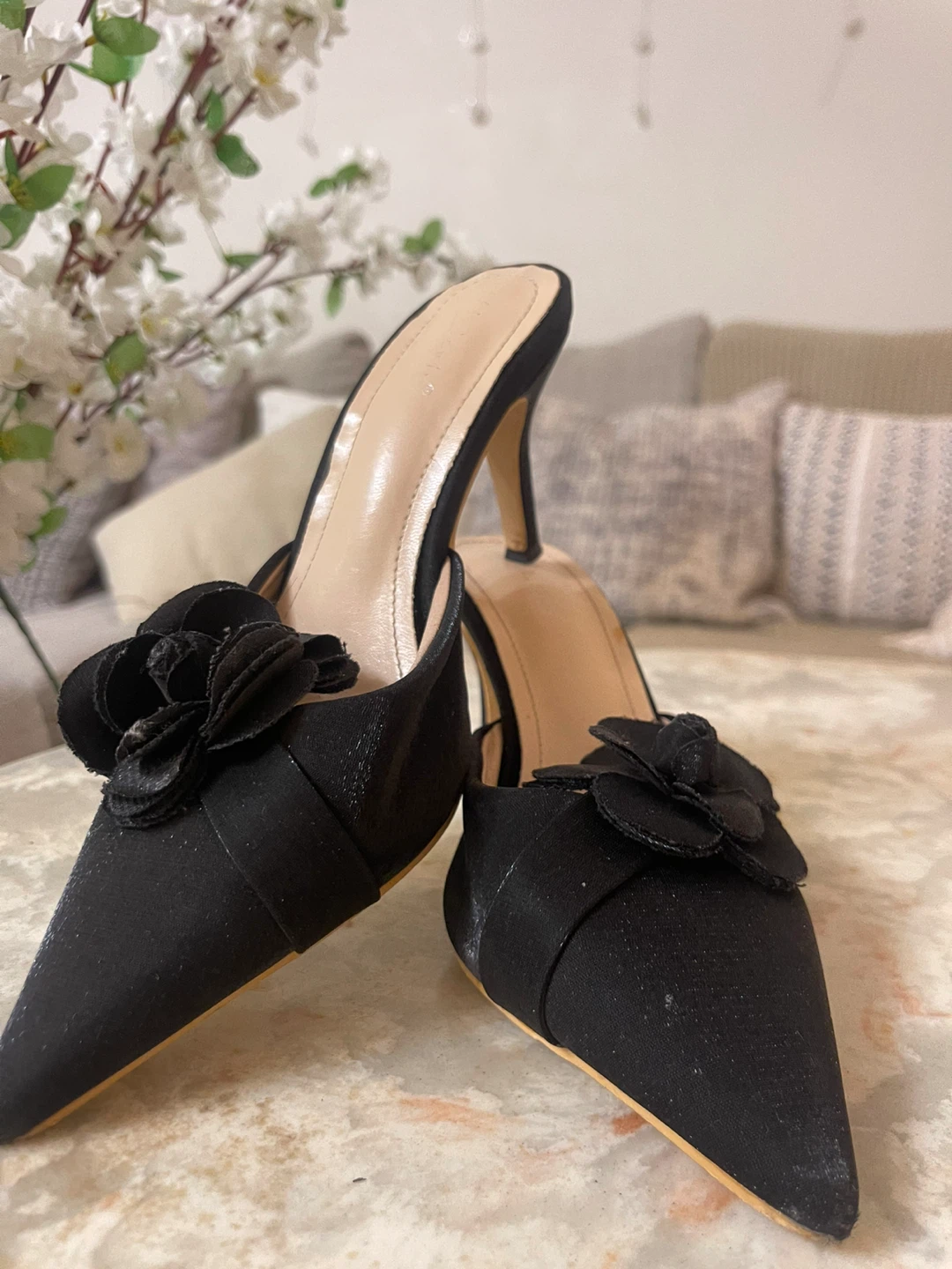Black Pointed Toe Mule Heels with Flower Detail