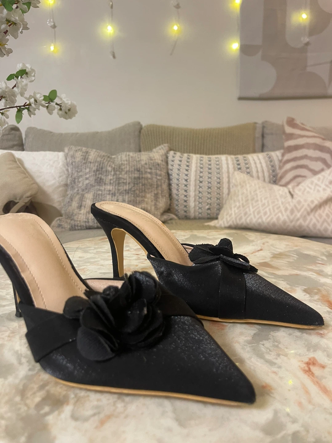 Black Pointed Toe Mule Heels with Flower Detail - photo 3