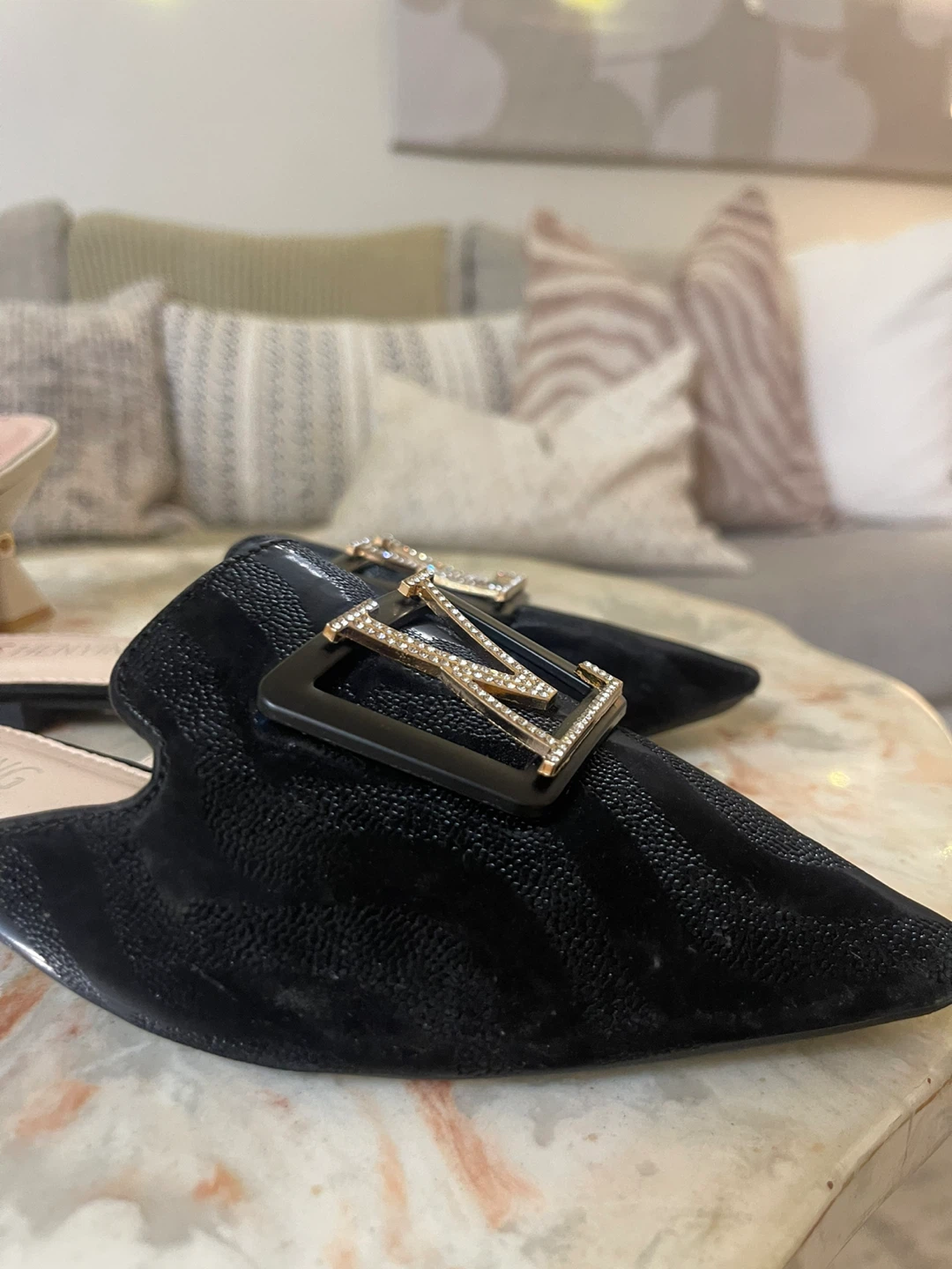 Black Mules with Rhinestone Buckle