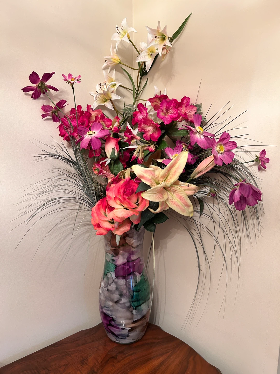 16” glass Vase with Artificial Flowers