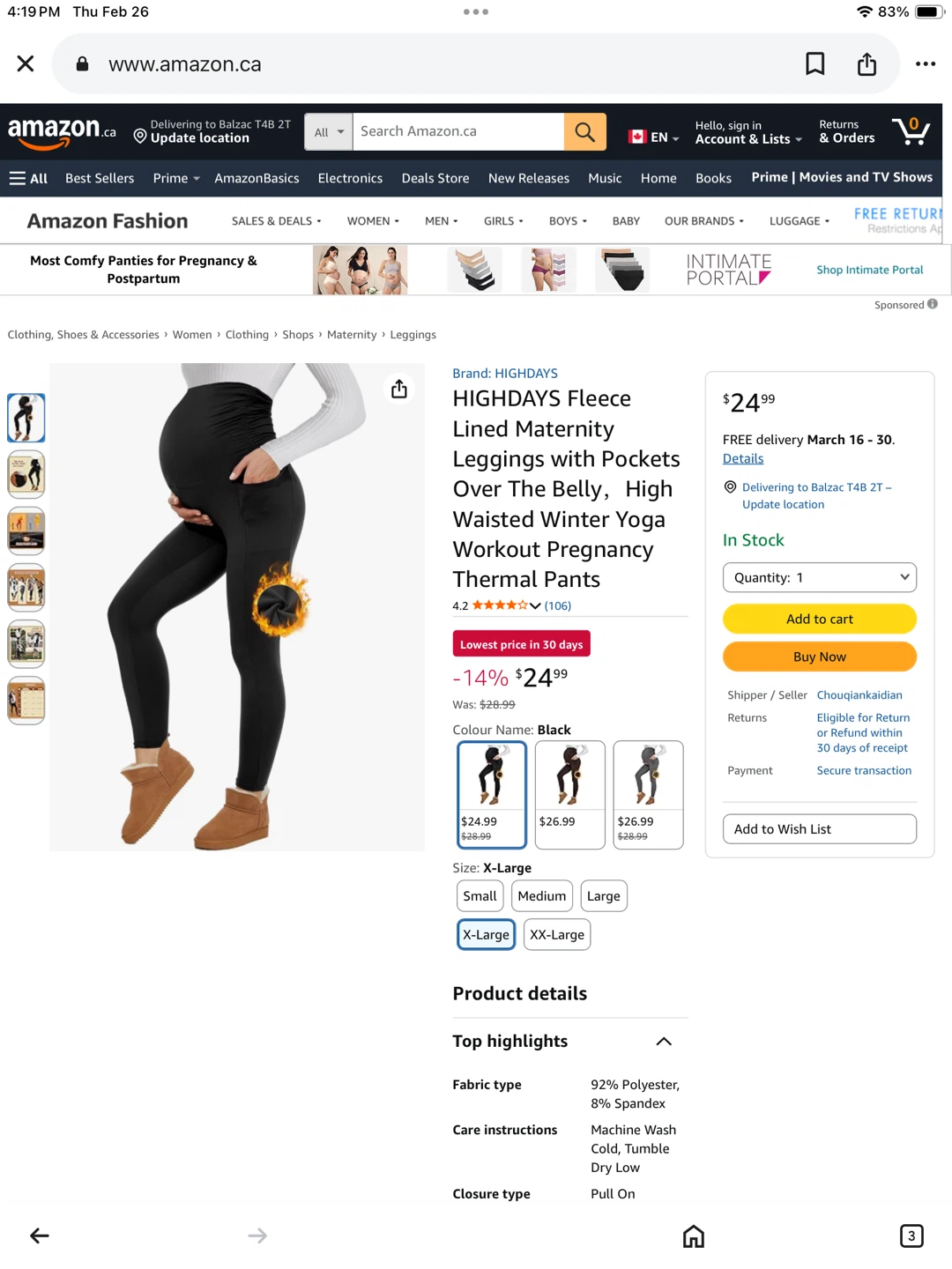 NWT HighWaisted  Lined Maternity Leggings - Black
