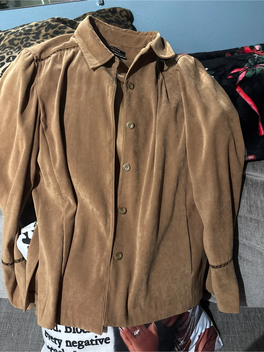 Brown Suede Button-Up Jacket with Puff Sleeves