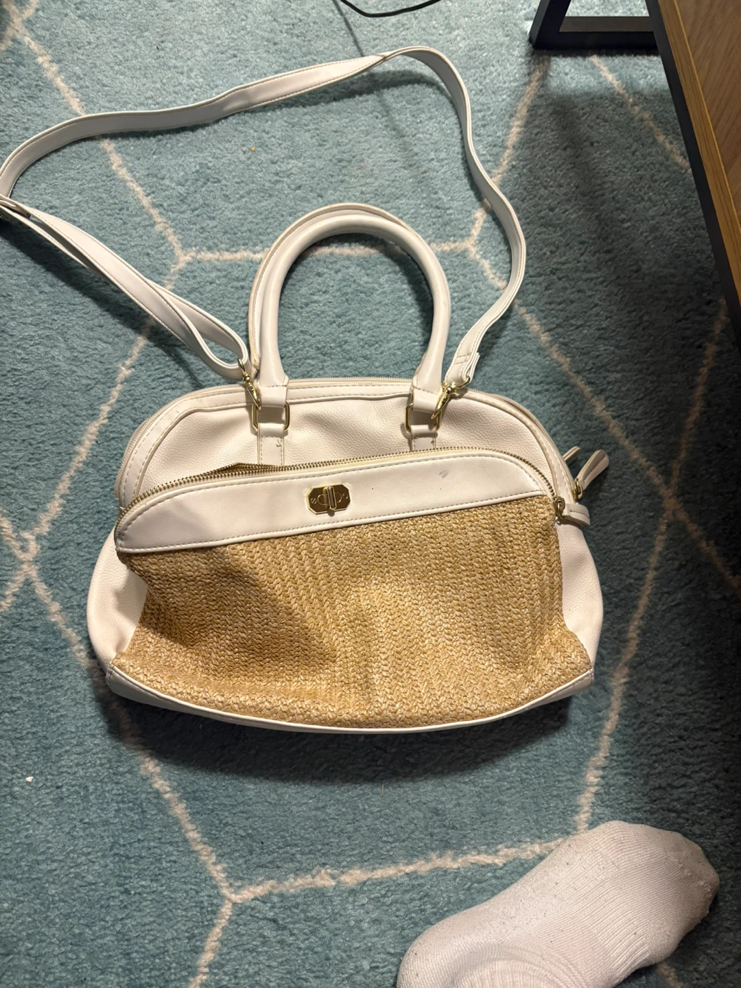 White Satchel Bag with Straw Accent