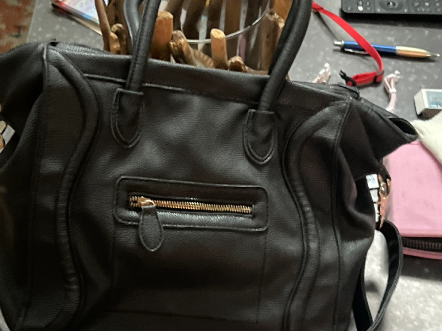 Black Faux Leather Satchel Handbag