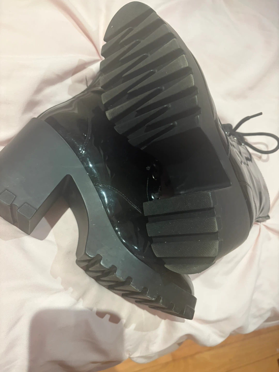 Black Patent Chunky Heel Lace-Up Boots - Size 7.5M - photo 3