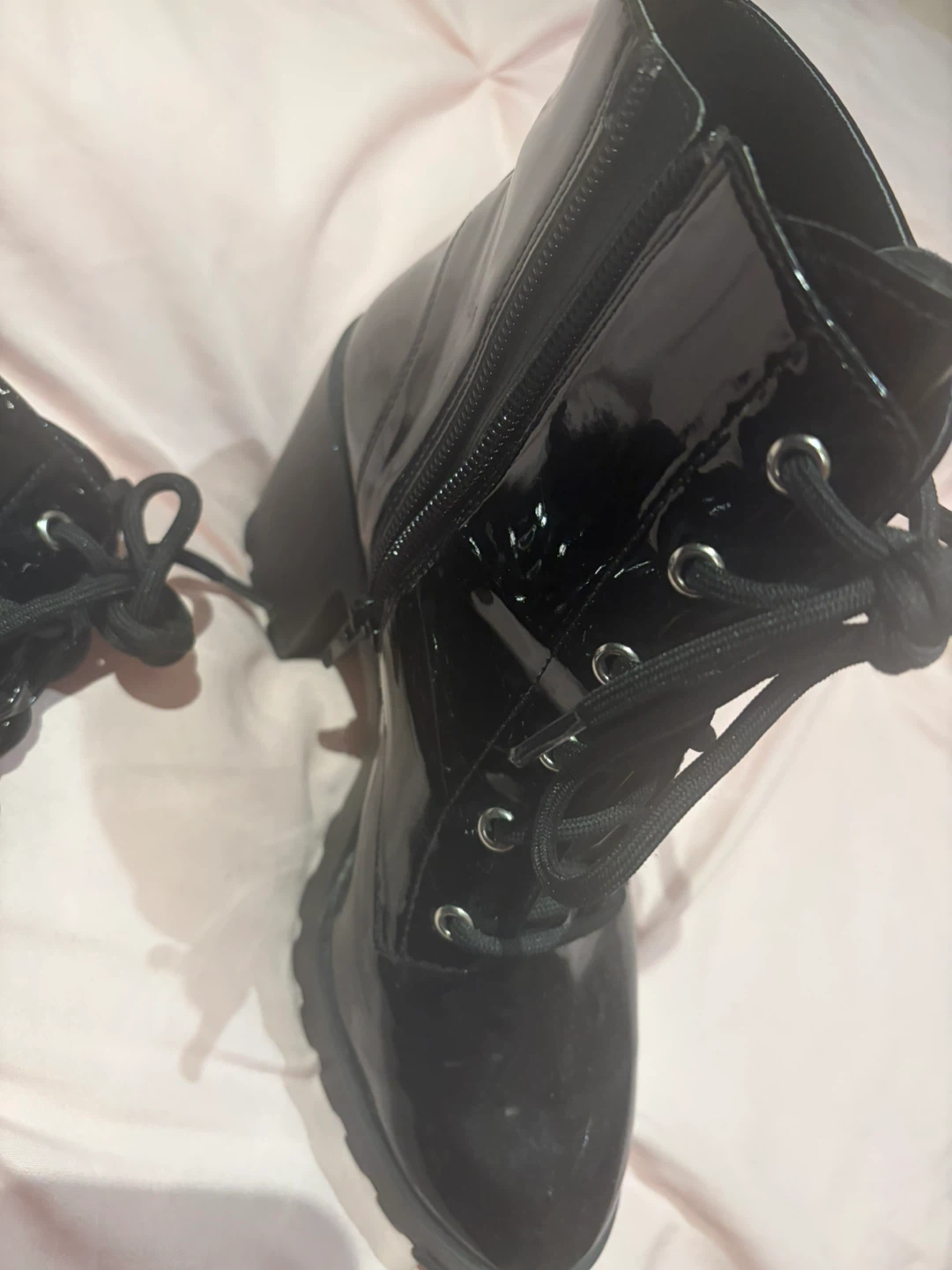 Black Patent Chunky Heel Lace-Up Boots - Size 7.5M