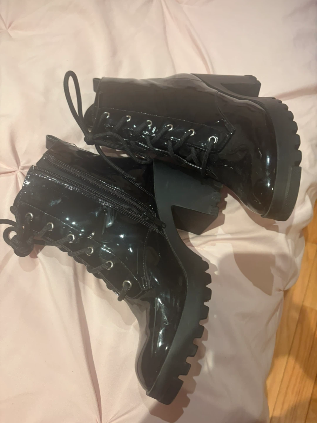 Black Patent Chunky Heel Lace-Up Boots - Size 7.5M - photo 2