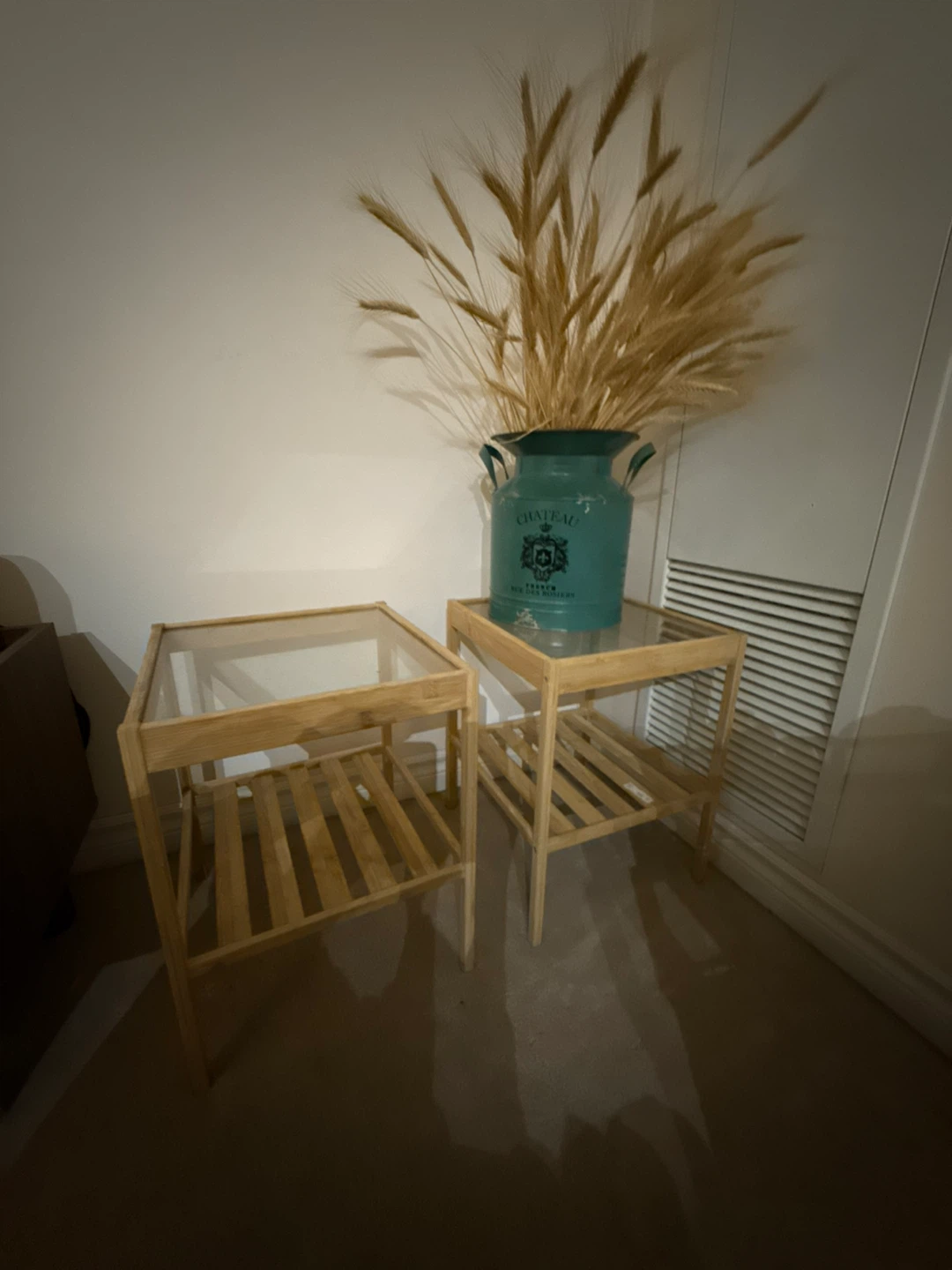 Wooden Side Tables with Glass Tops - Set of 2