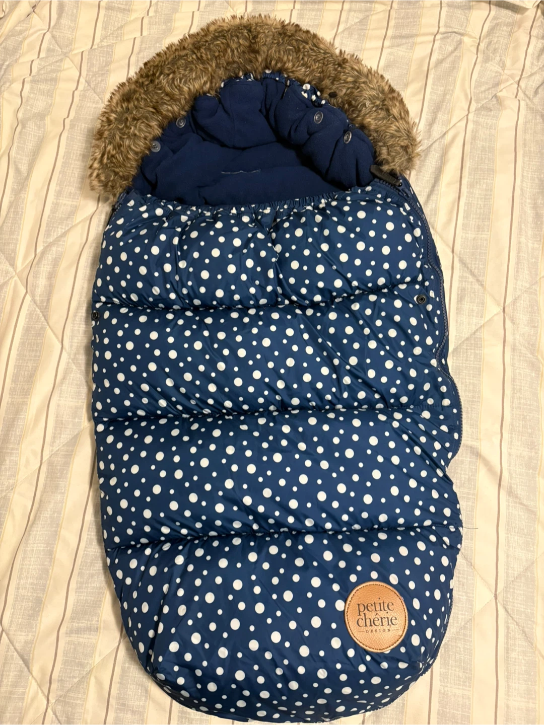 Winter Baby Bunting Bag Navy Polka Dot