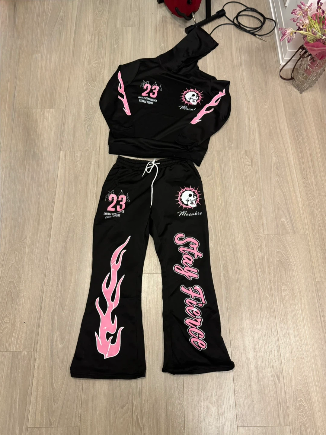 Black Flame Print Tracksuit Set size M