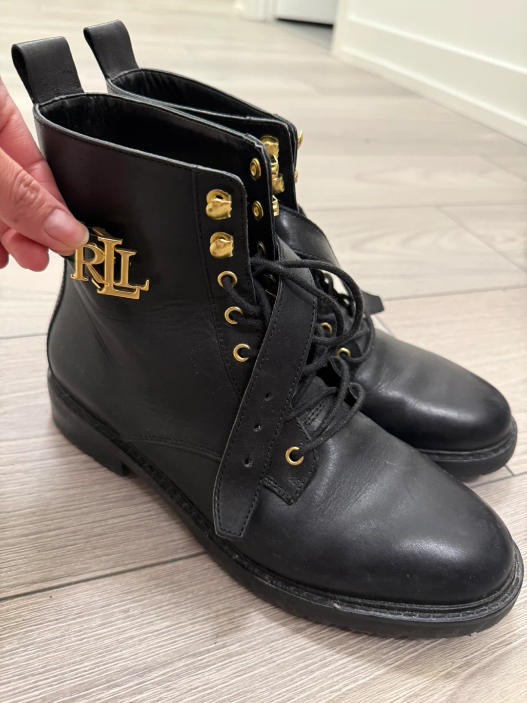 Ralph Lauren Black Leather Lace-Up Ankle Boots