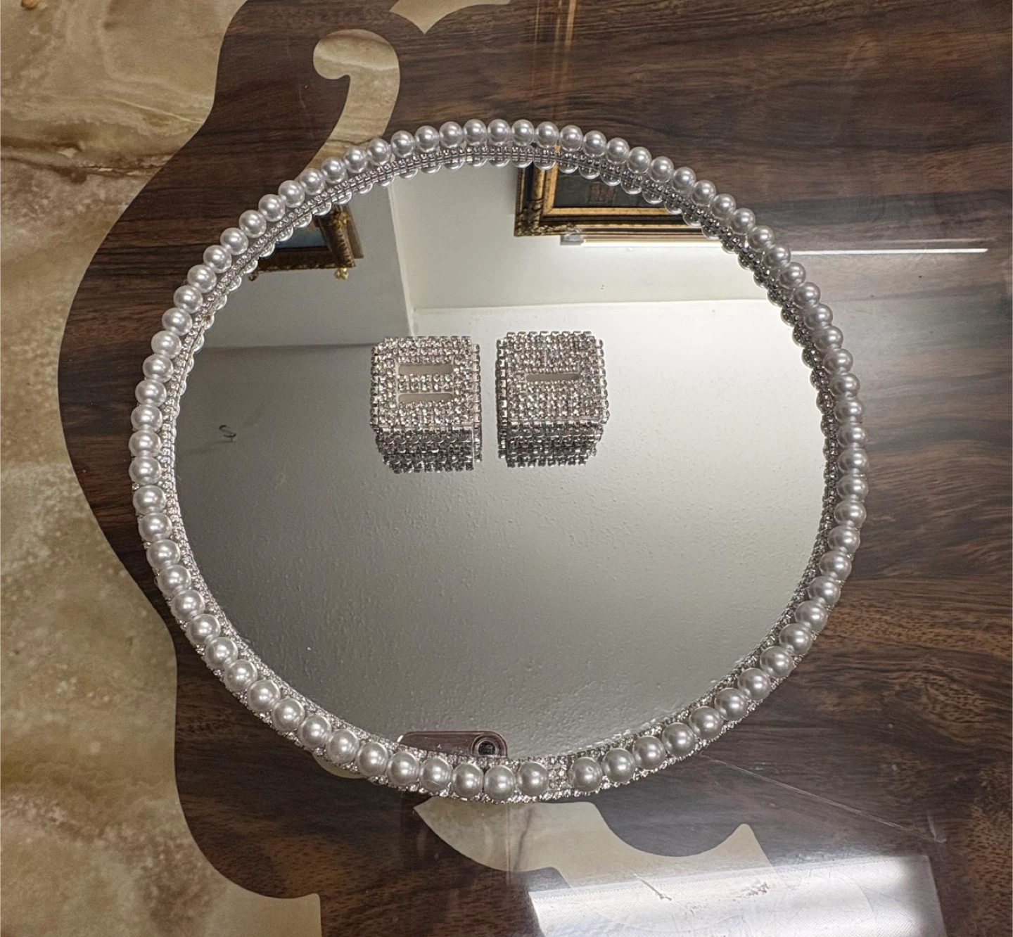Round Mirror Tray with Faux Pearls & silver rhinestone Border - photo 3