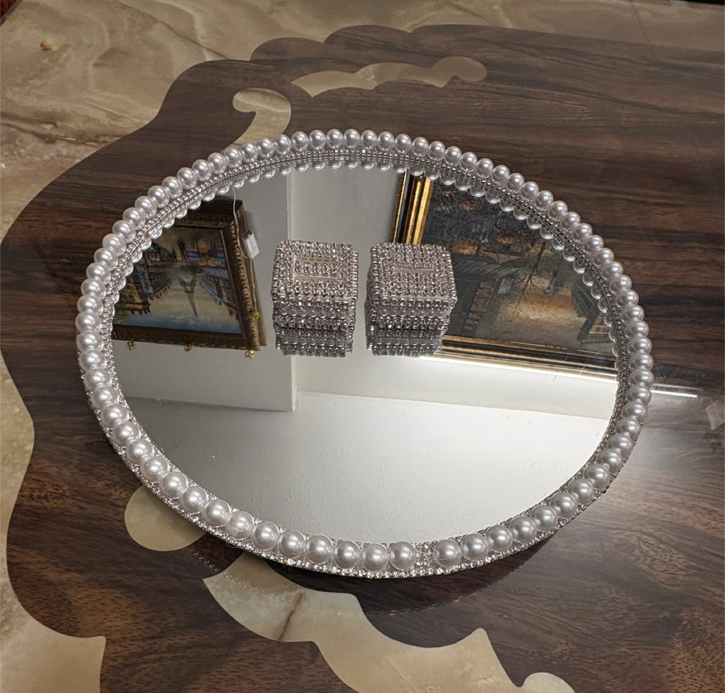 Round Mirror Tray with Faux Pearls & silver rhinestone Border - photo 5