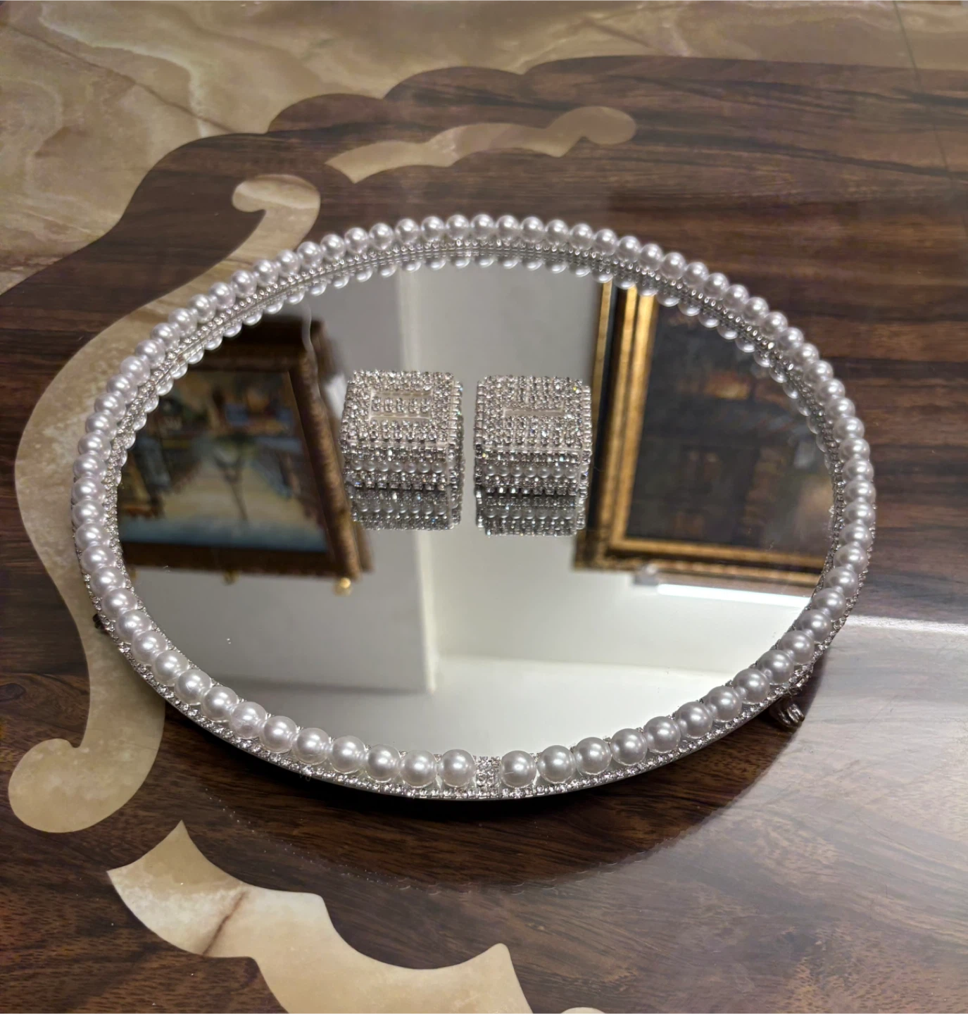 Round Mirror Tray with Faux Pearls & silver rhinestone Border