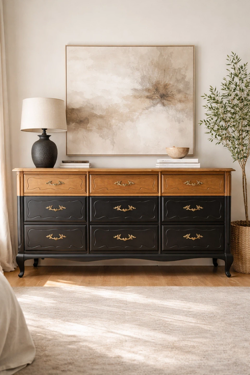 Solid Wood Vintage Gibbard Dresser – Walnut Top + Black Base