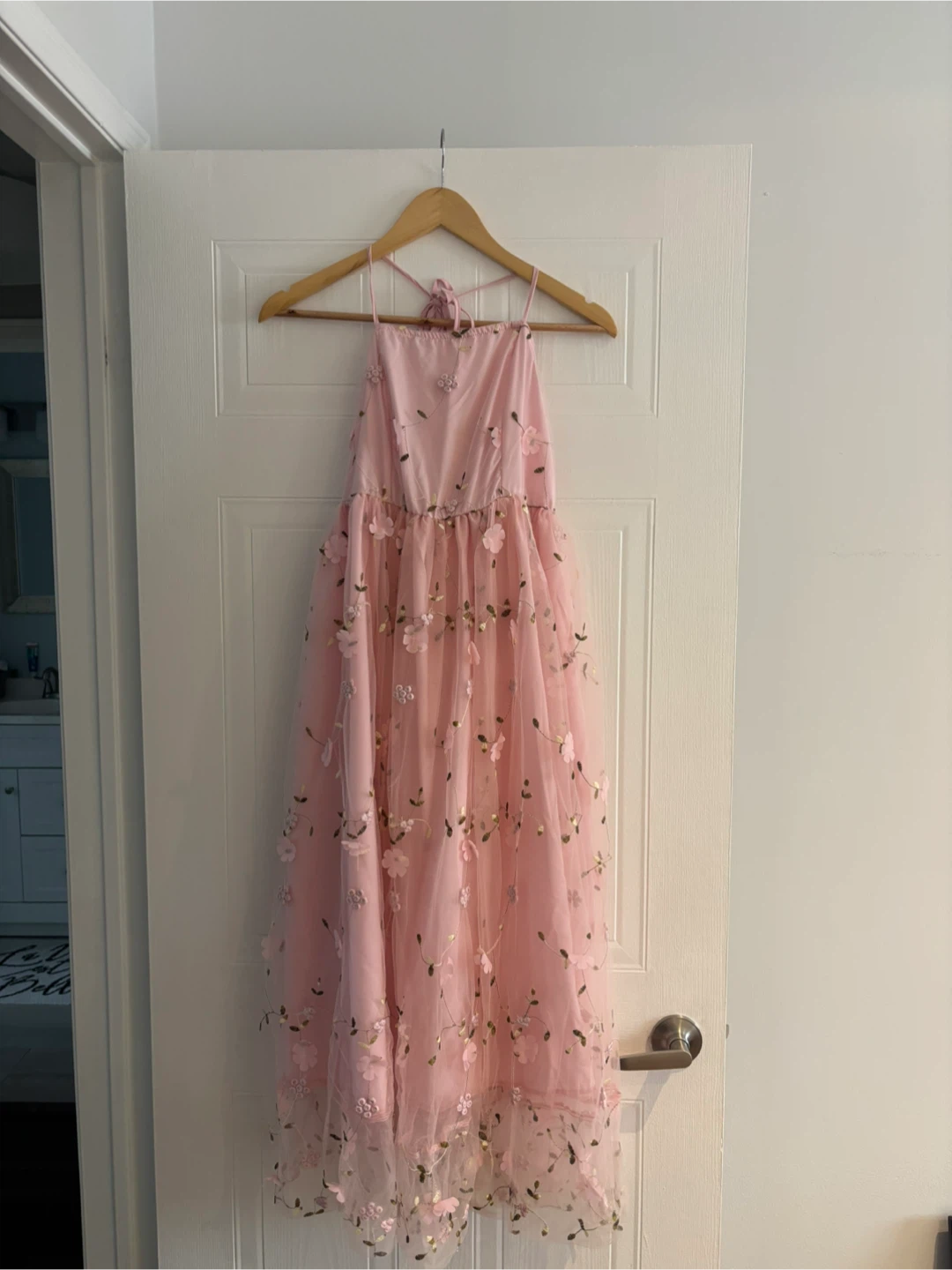 Pink Tulle Halter Dress with Floral Embroidery