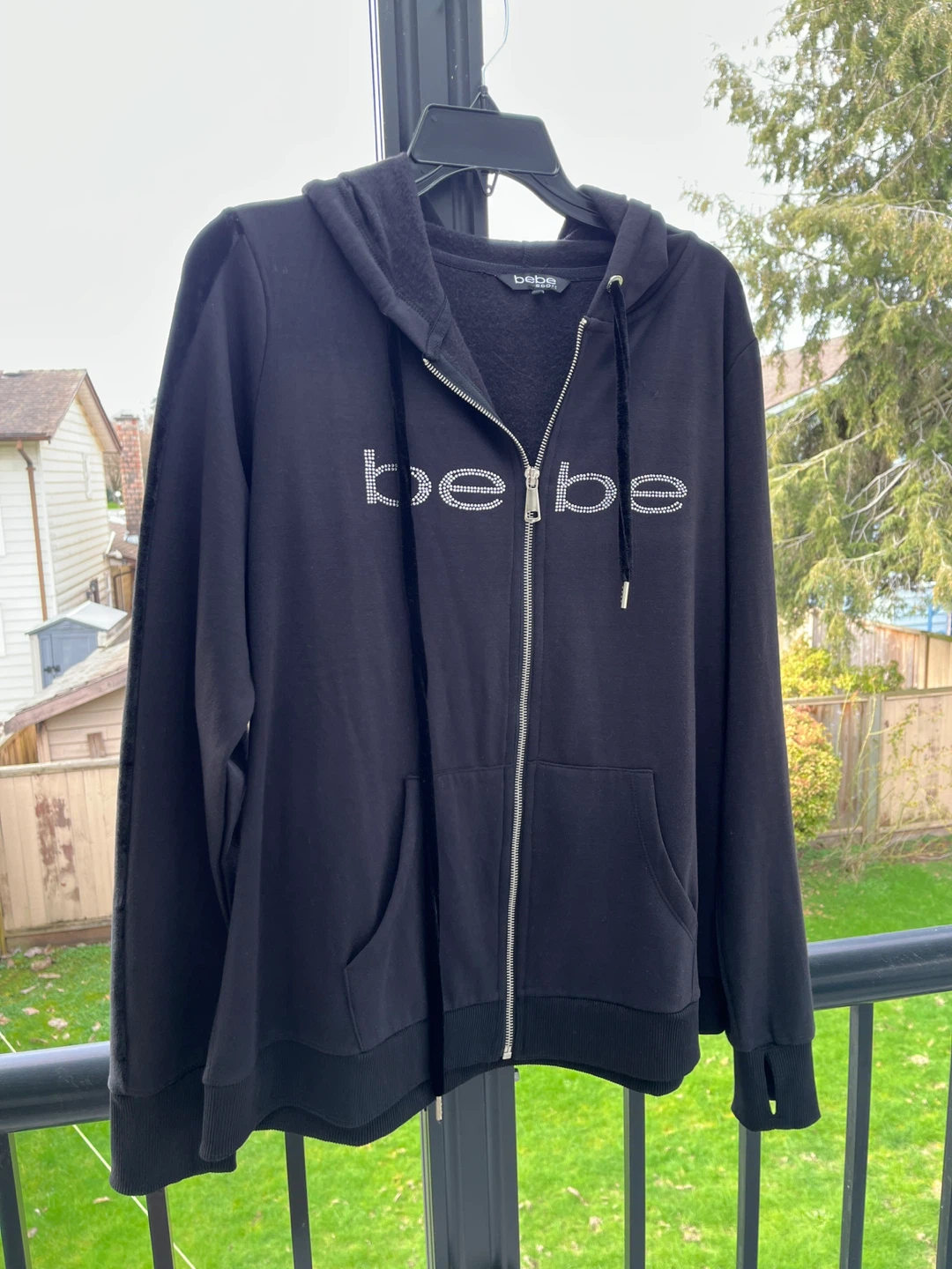 BEBE Black Velour Trim Zip-Up Hoodie