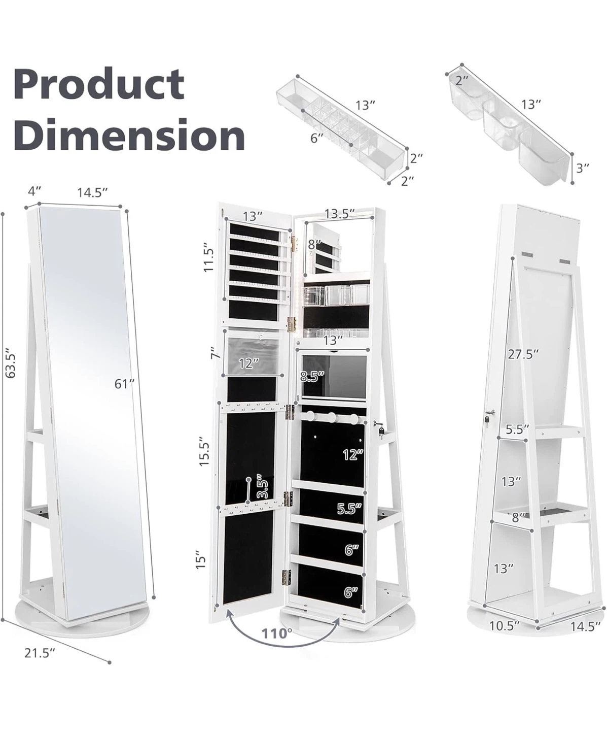 White Full Length Jewelry Cabinet with LED Lights - photo 2