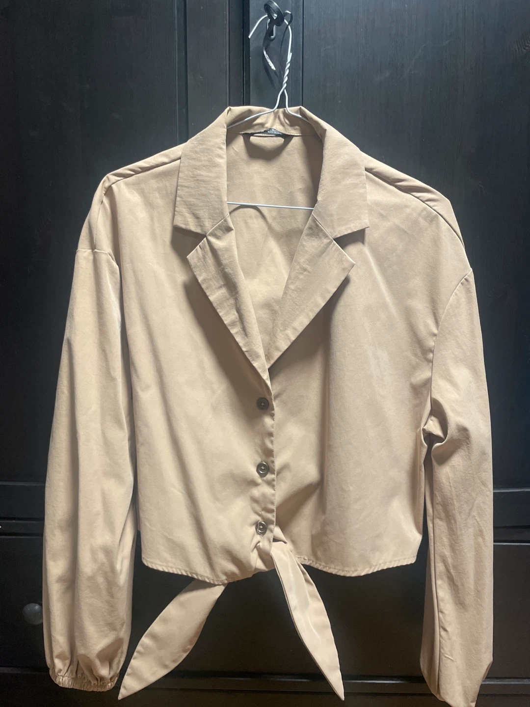 Women's Beige Long Sleeve Tie-Front Blouse