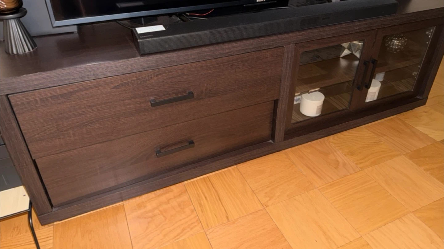 Dark Wood TV Stand with Drawers and Glass Cabinet
