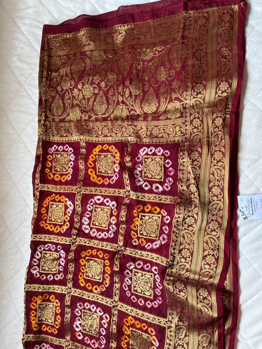 Maroon and Gold BrocadeBandhani Dupata - photo 3