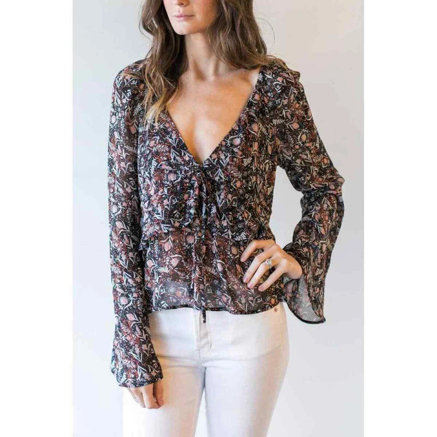 Free People Floral Print V-Neck Tie Front Peplum Top - photo 2