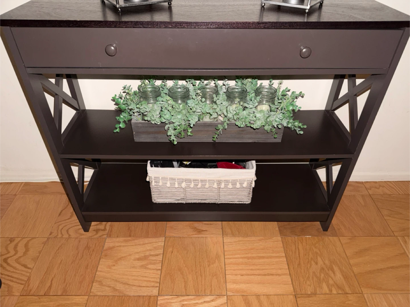 Dark Brown Console Table with Drawer and Shelves