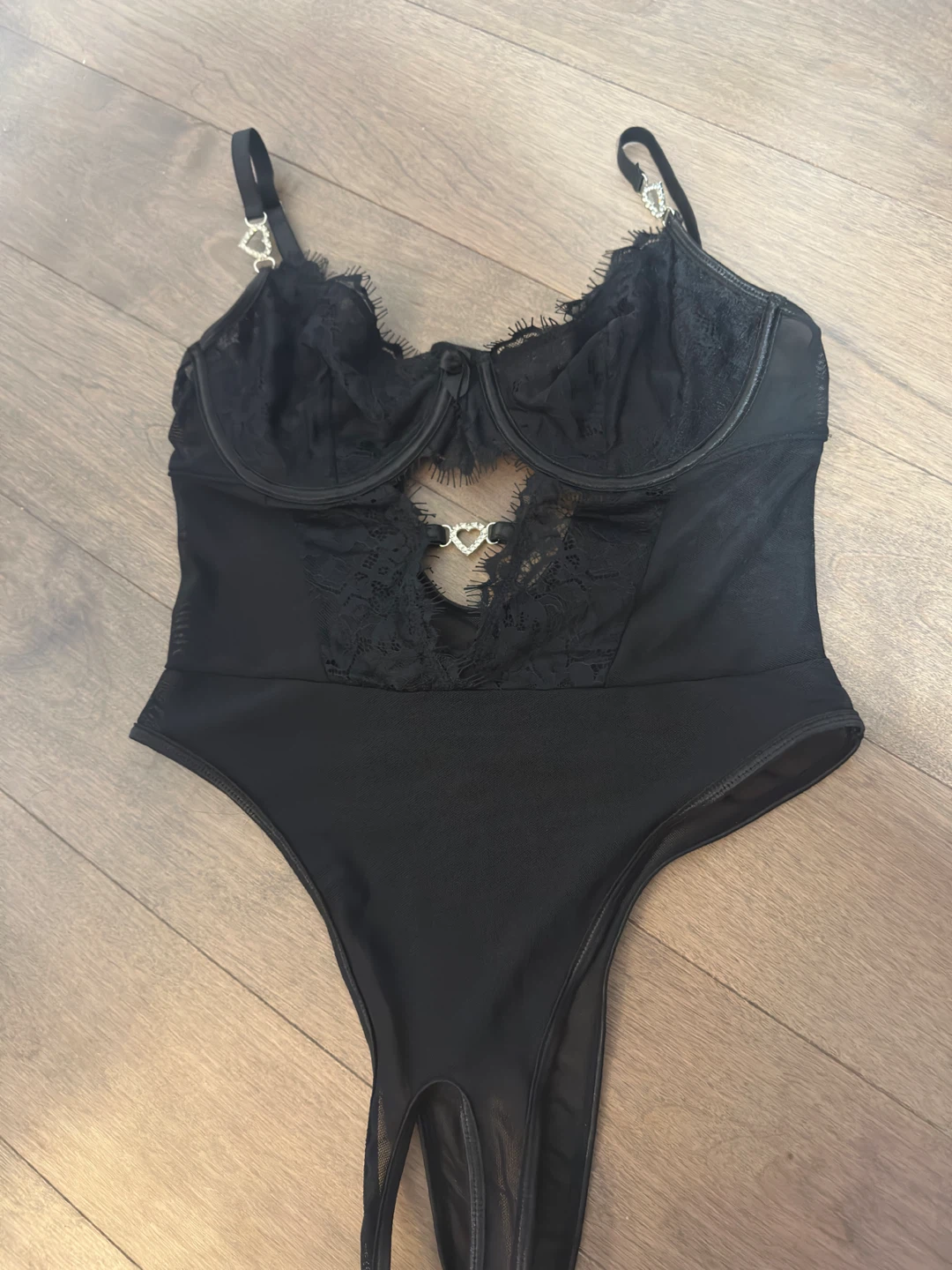 Black lace teddy bodysuit with heart detail