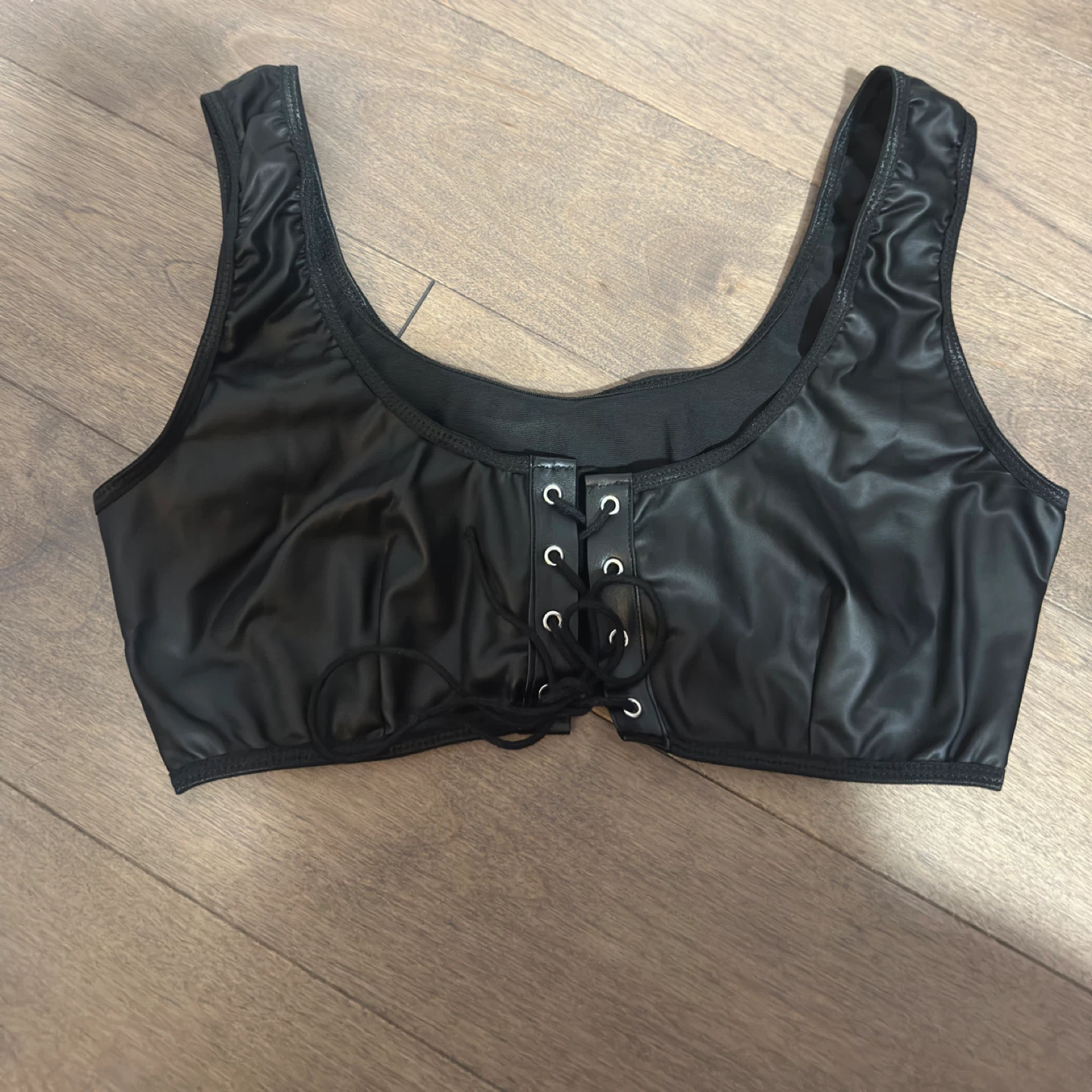 Black Faux Leather Top with Lace-Up Front
