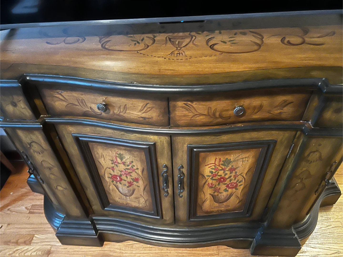 Vintage Floral Inlaid Wood Cabinet with Drawers