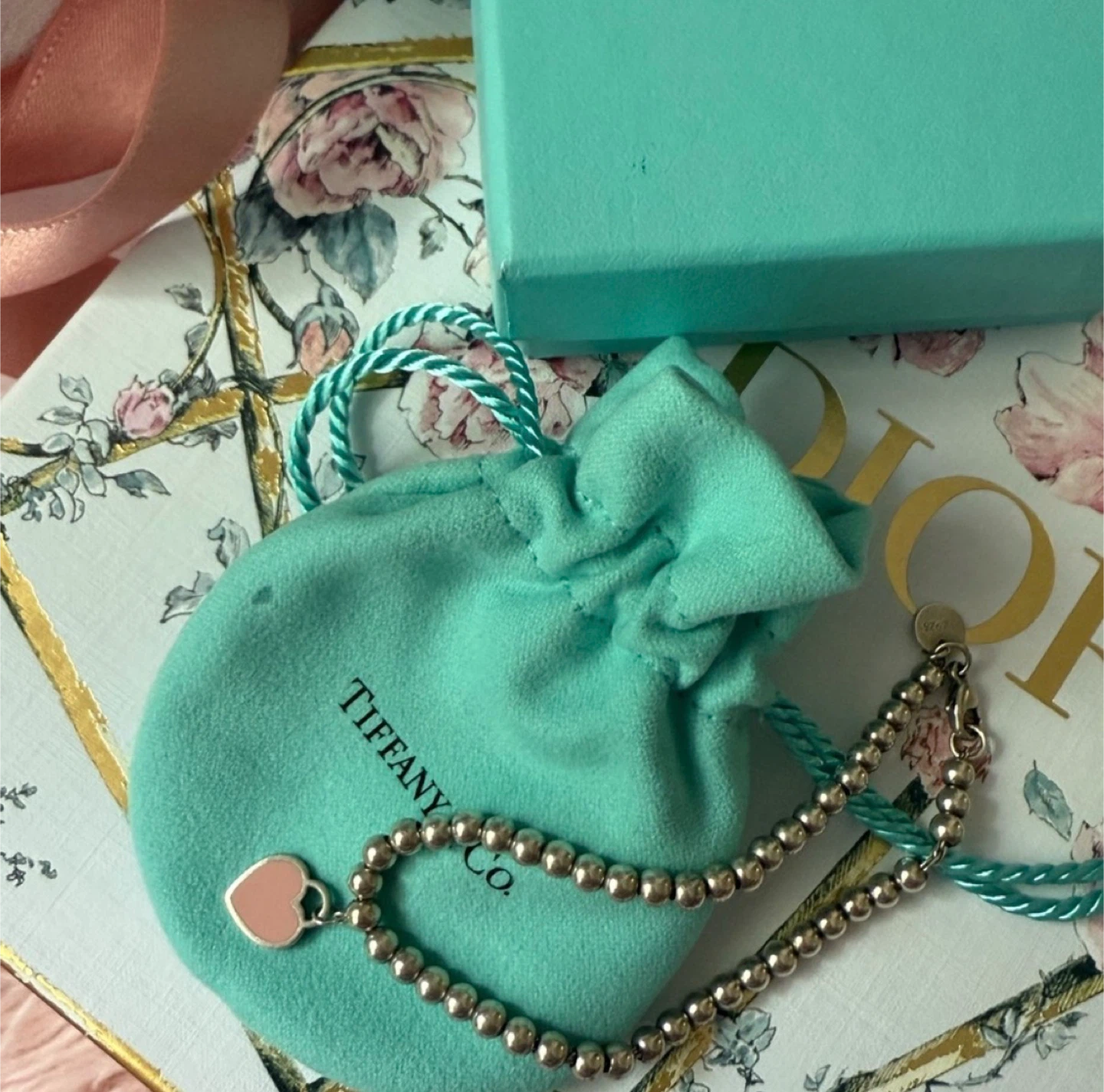 Tiffany & Co. Silver Bead Bracelet with Pink Heart Charm