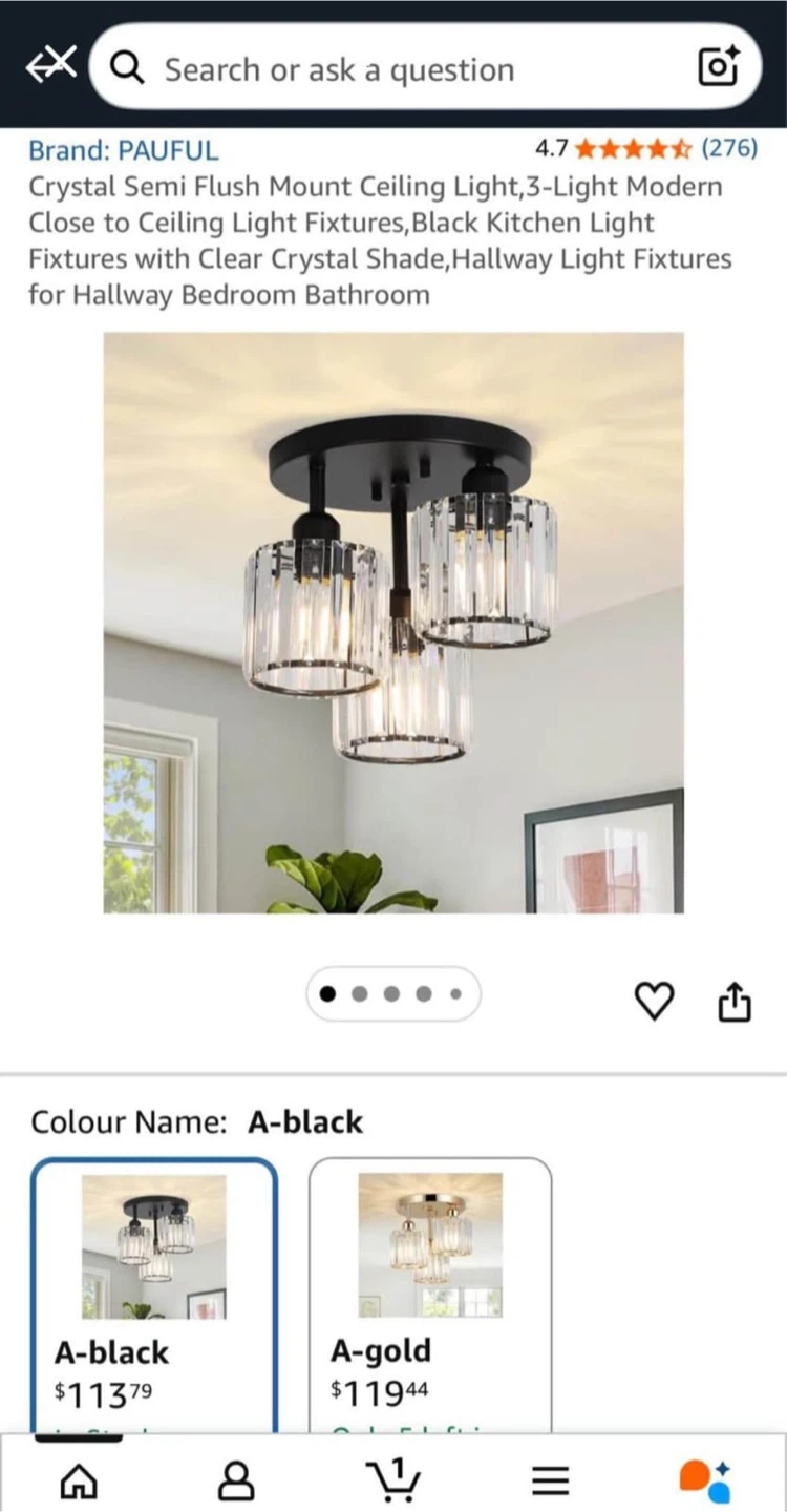 PAUFUL Crystal Semi Flush Mount Ceiling Light - 3-Light Black