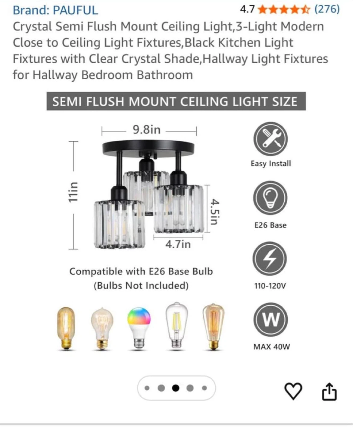 PAUFUL Crystal Semi Flush Mount Ceiling Light - 3-Light Black - photo 2