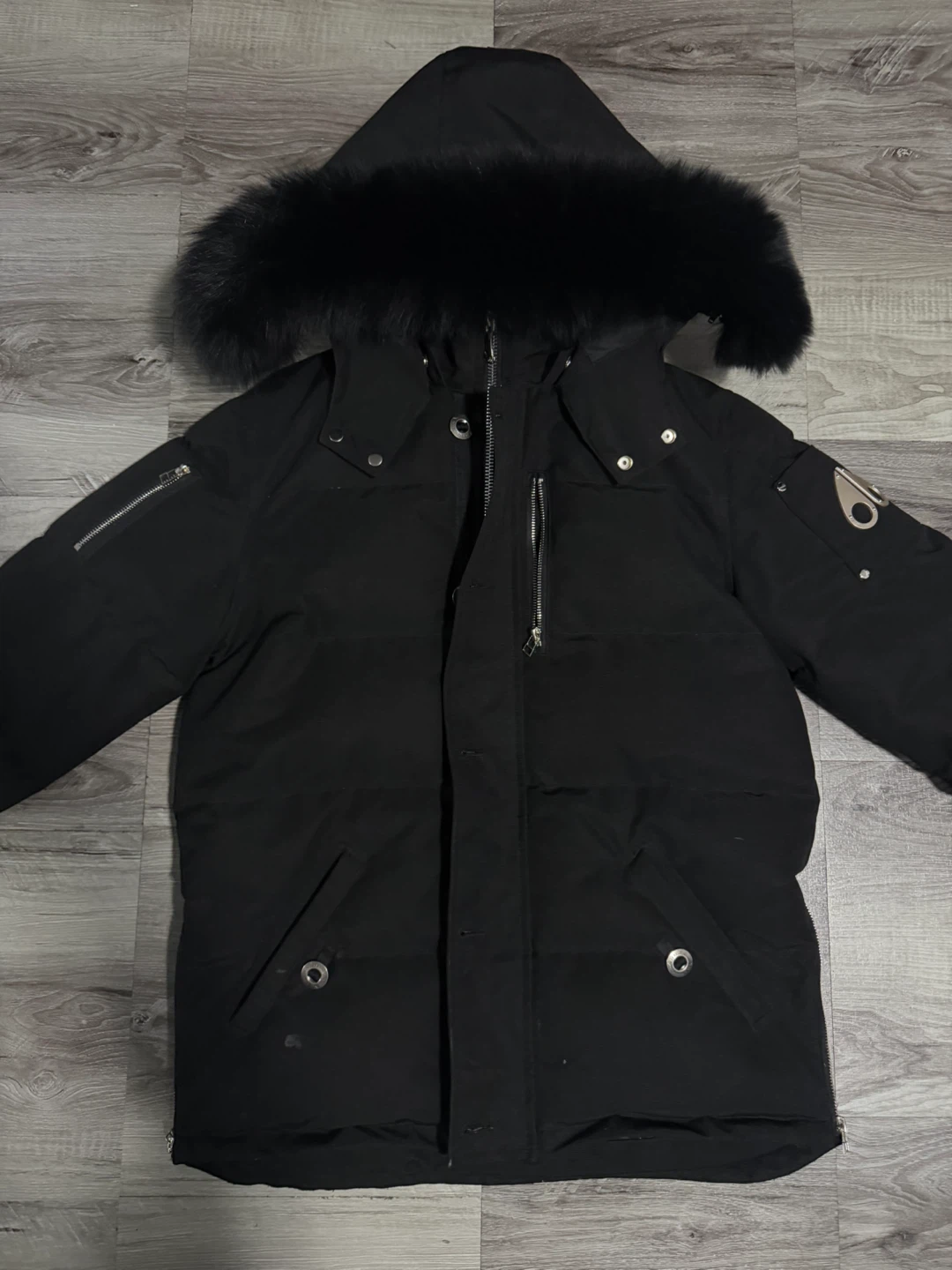 Moose Knuckles Black Down Puffer Parka with Fur Hood