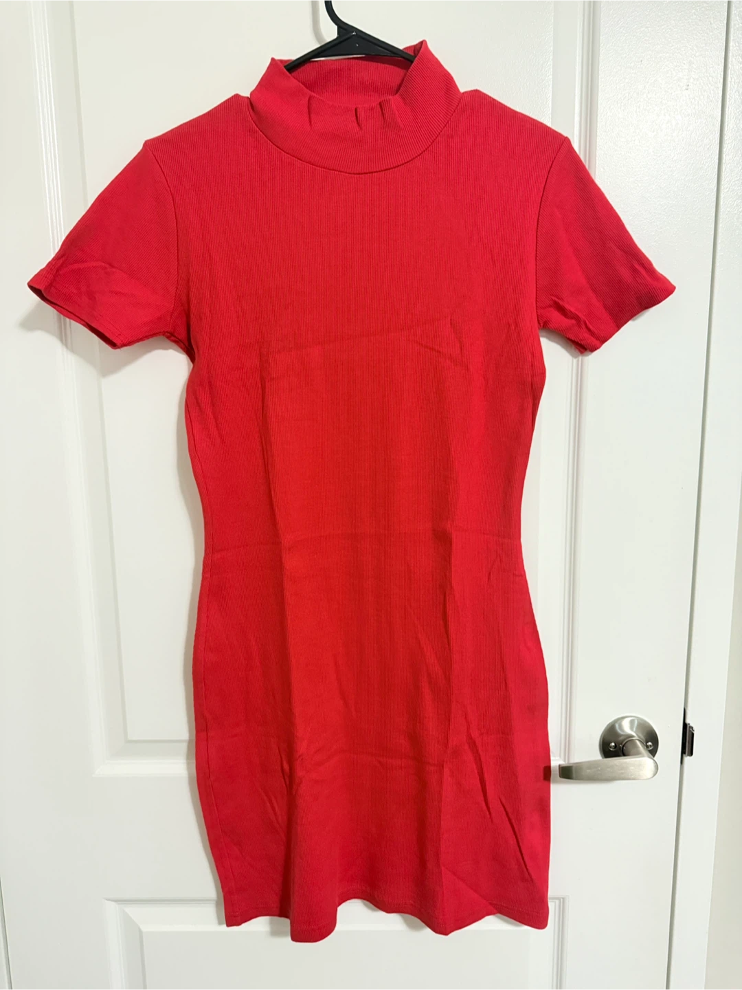 Red Ribbed Mock Neck Mini Dress