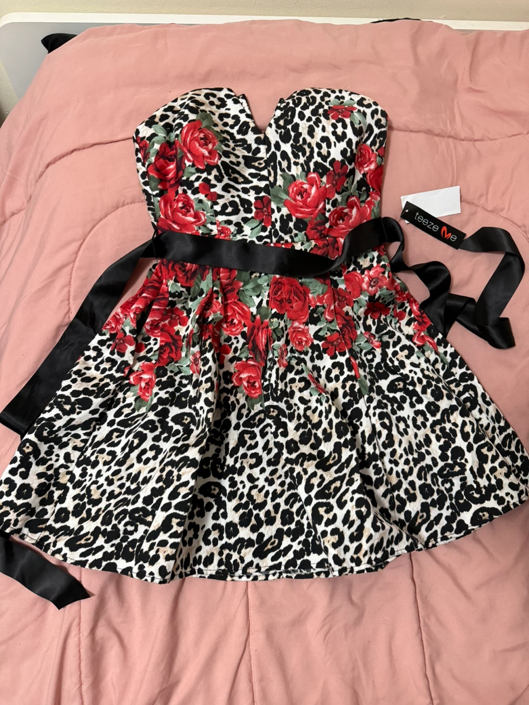 Teeze Me Leopard & Rose Print Strapless Dress with Black Sash