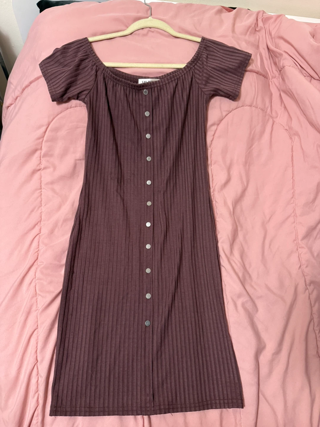 Ribbed Off-the-Shoulder Button-Up Dress