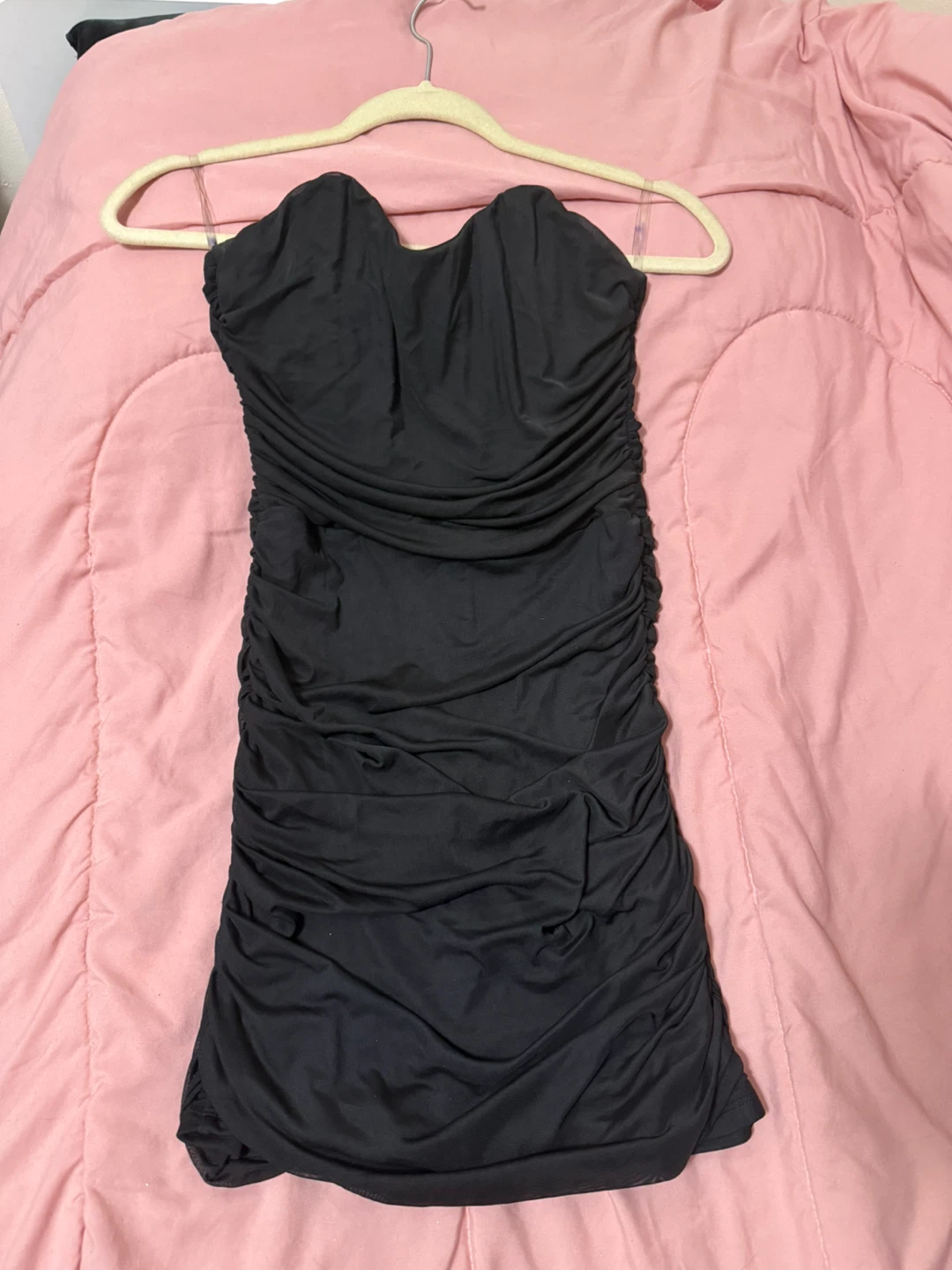 Black Strapless Ruched Mini Dress