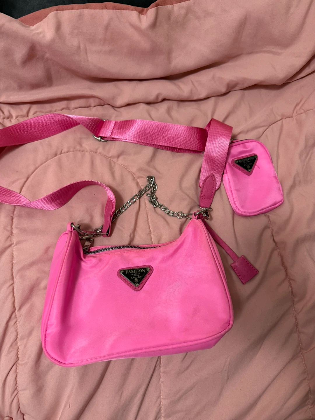 Pink Nylon Shoulder Bag with Detachable Pouch