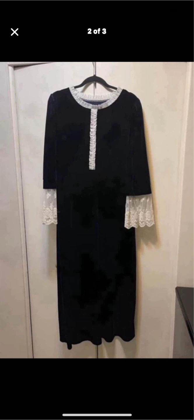Black Velvet Dress with White Lace Trim