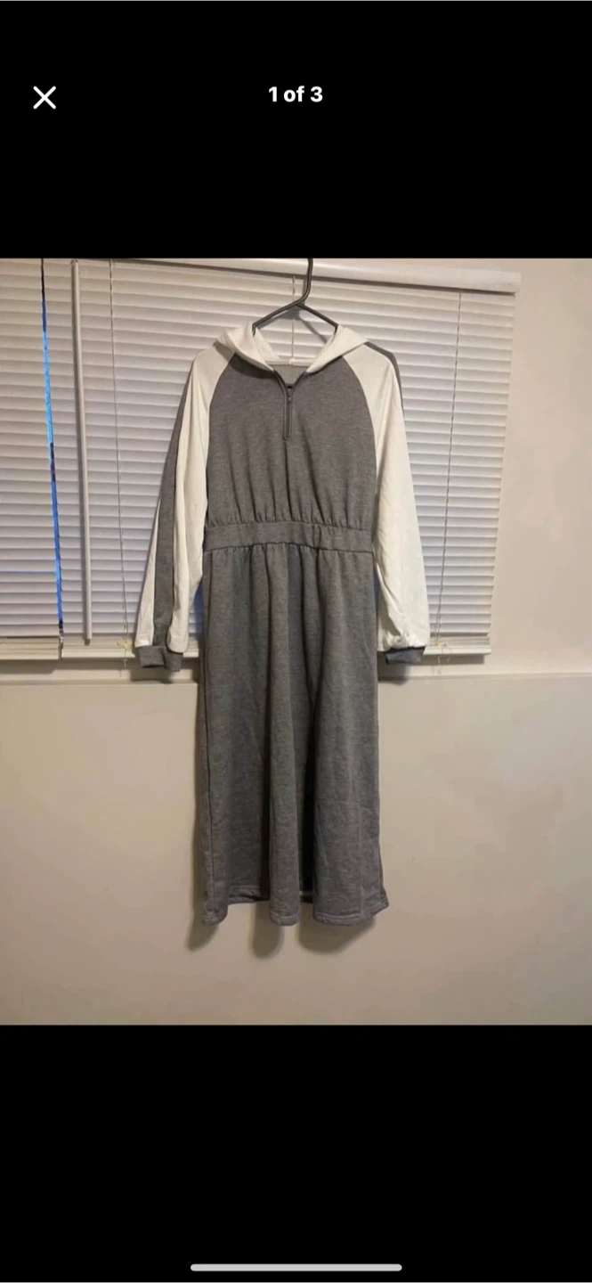 Grey and White Hooded Midi Dress