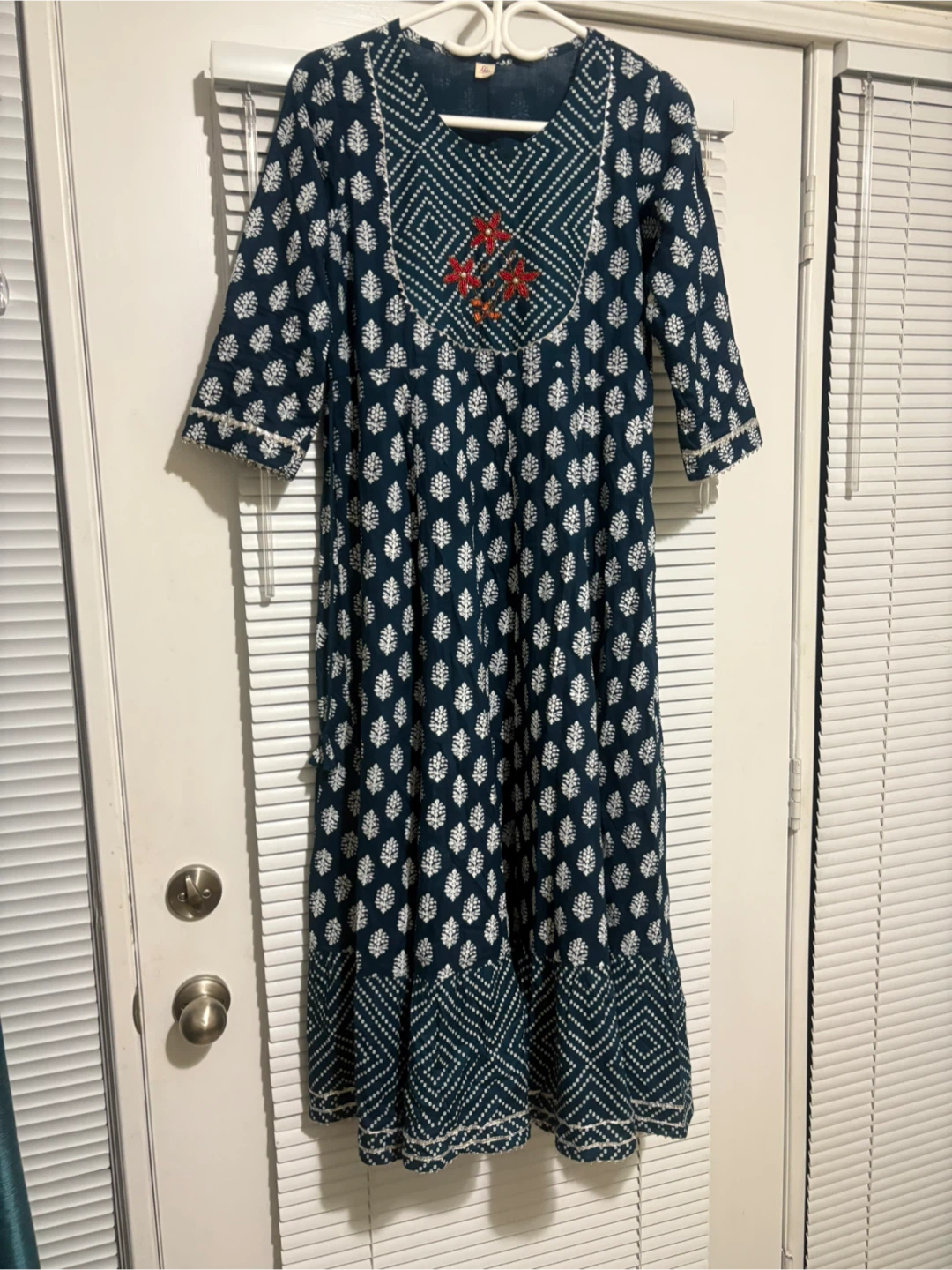 LC Size L Teal Blue Print Dress with White Pattern