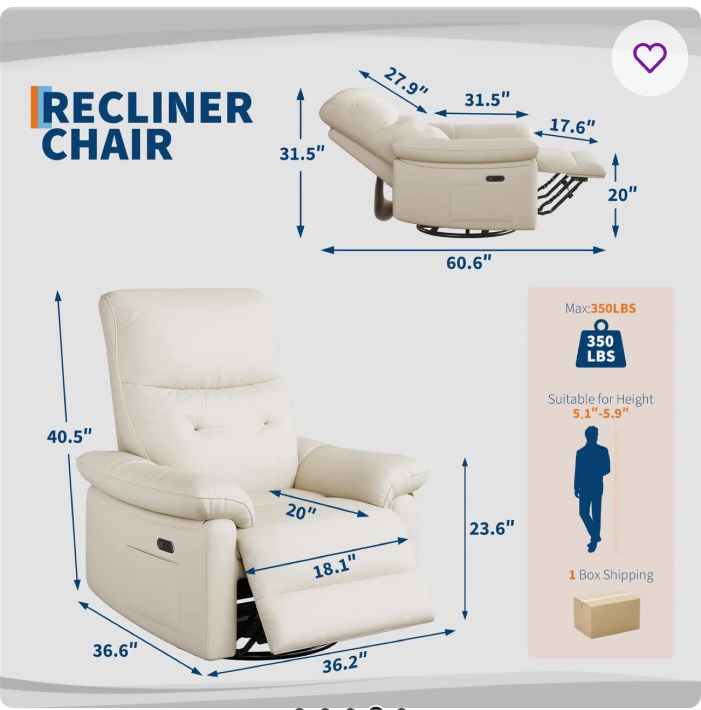 Cream Recliner Chair with Footrest - photo 5