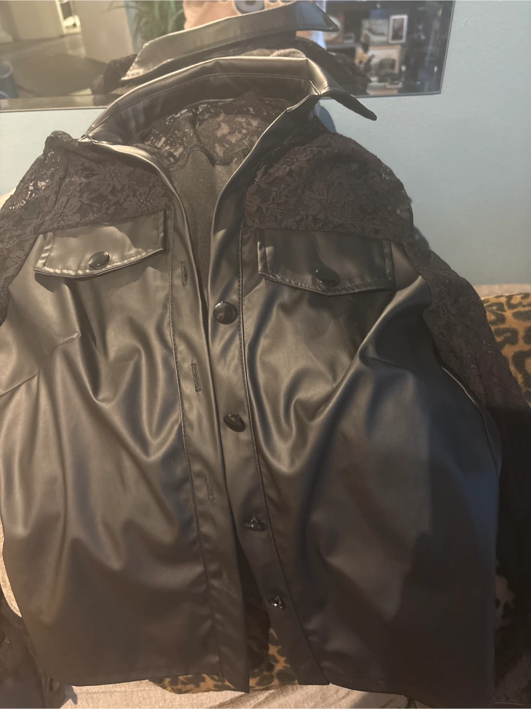 Black Faux Leather Jacket with Lace
