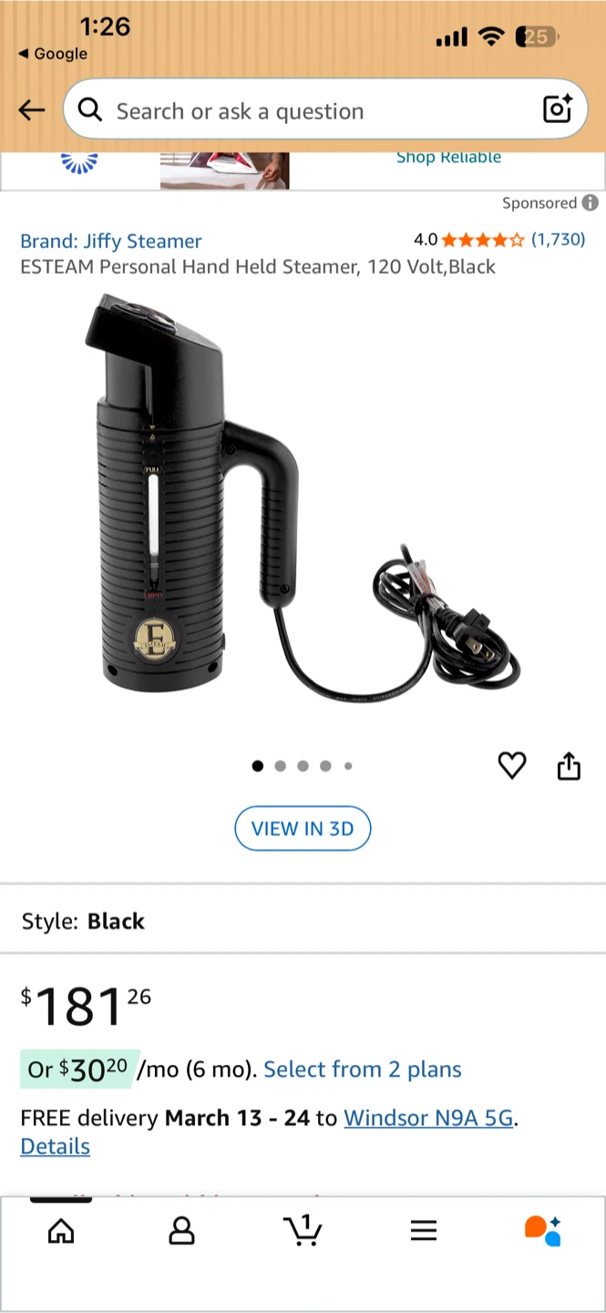 ESTEAM Personal Hand Held Steamer, 120 Volt, Black