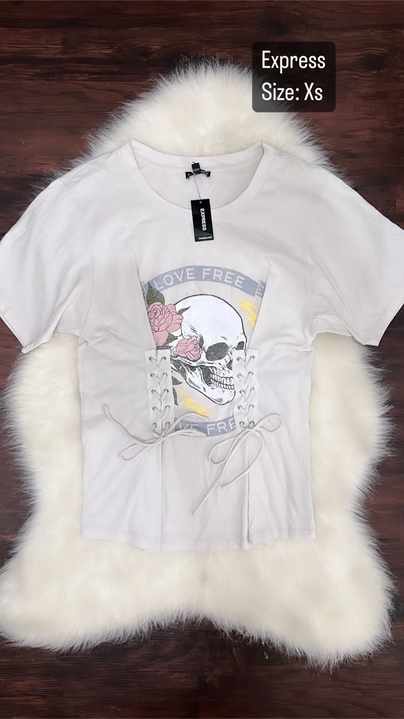 Express White Skull Lace-Up Graphic T-Shirt Size XS