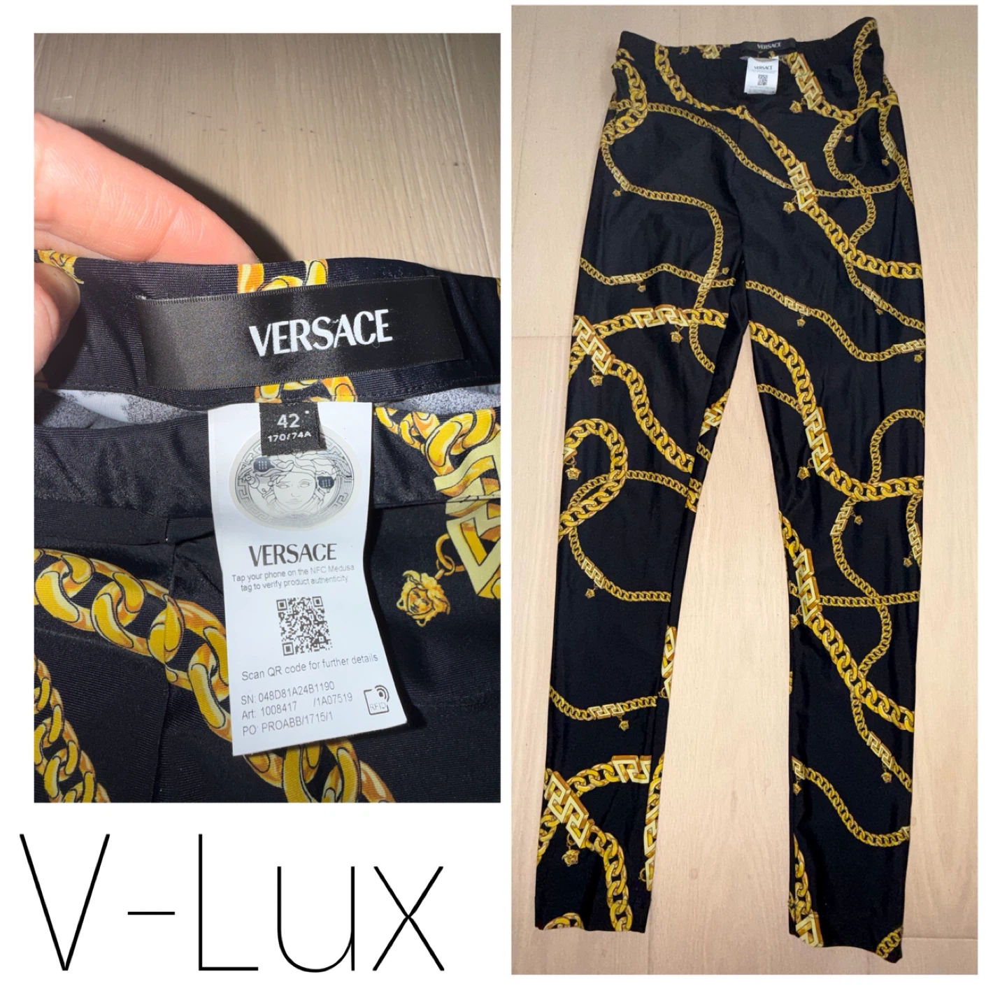 Versace Black Gold Chain Print Leggings Size 42